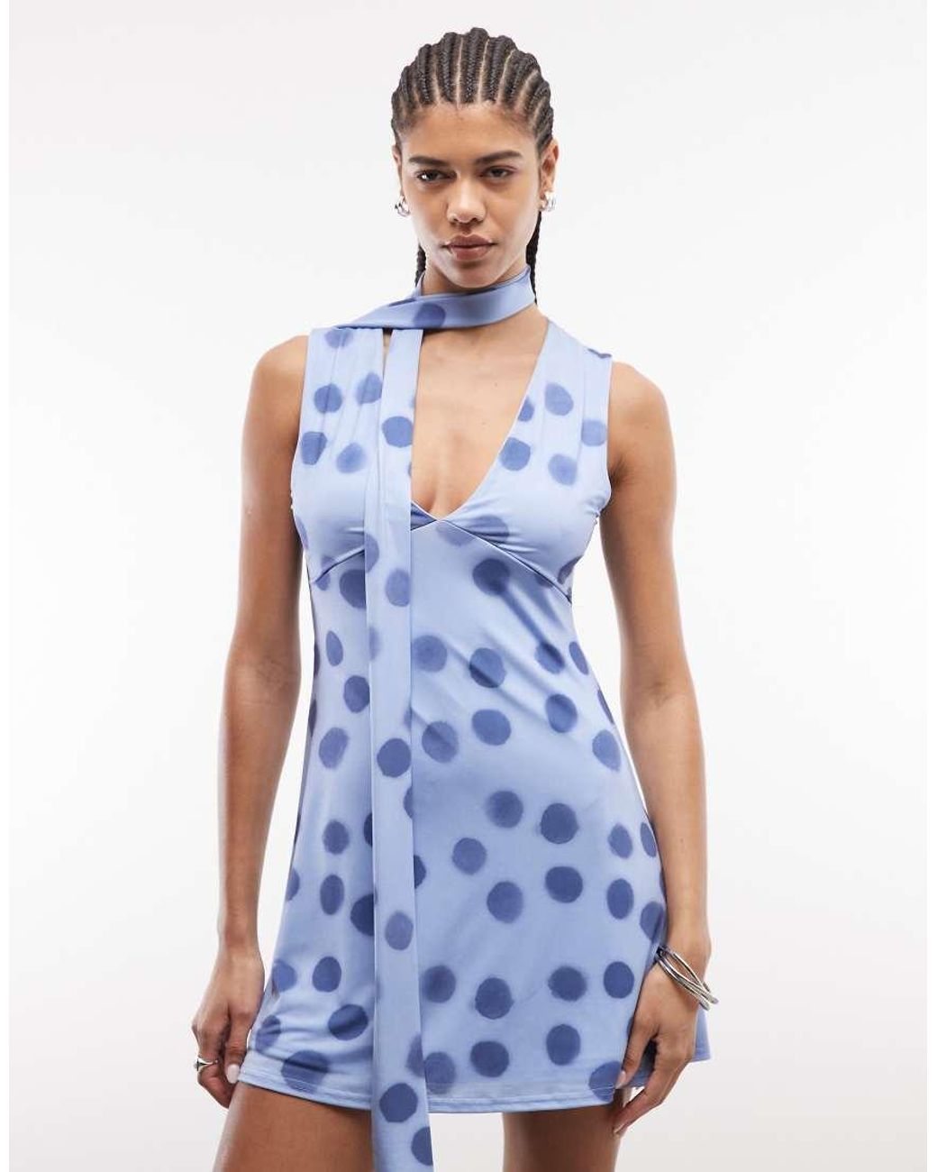 Reclaimed Vintage Blue Polka Dot Jersey Scarf Mini Dress