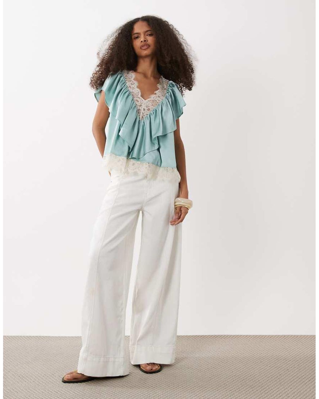 ASOS Blue Lace Insert Satin Tiered Blouse