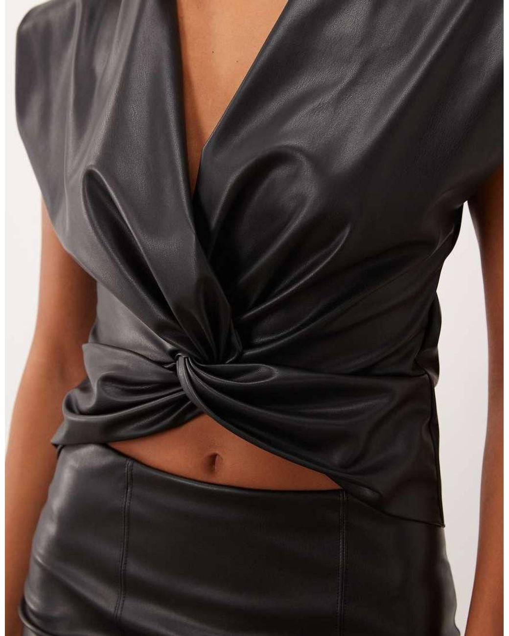 ASOS Black Pu Twist Front Deep Plunge Cap Sleeve Top
