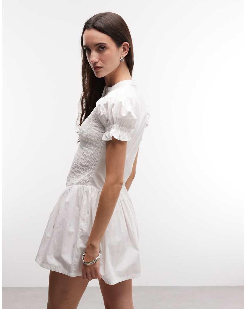 Collusion White Shirred Button Mini Shirt Dress