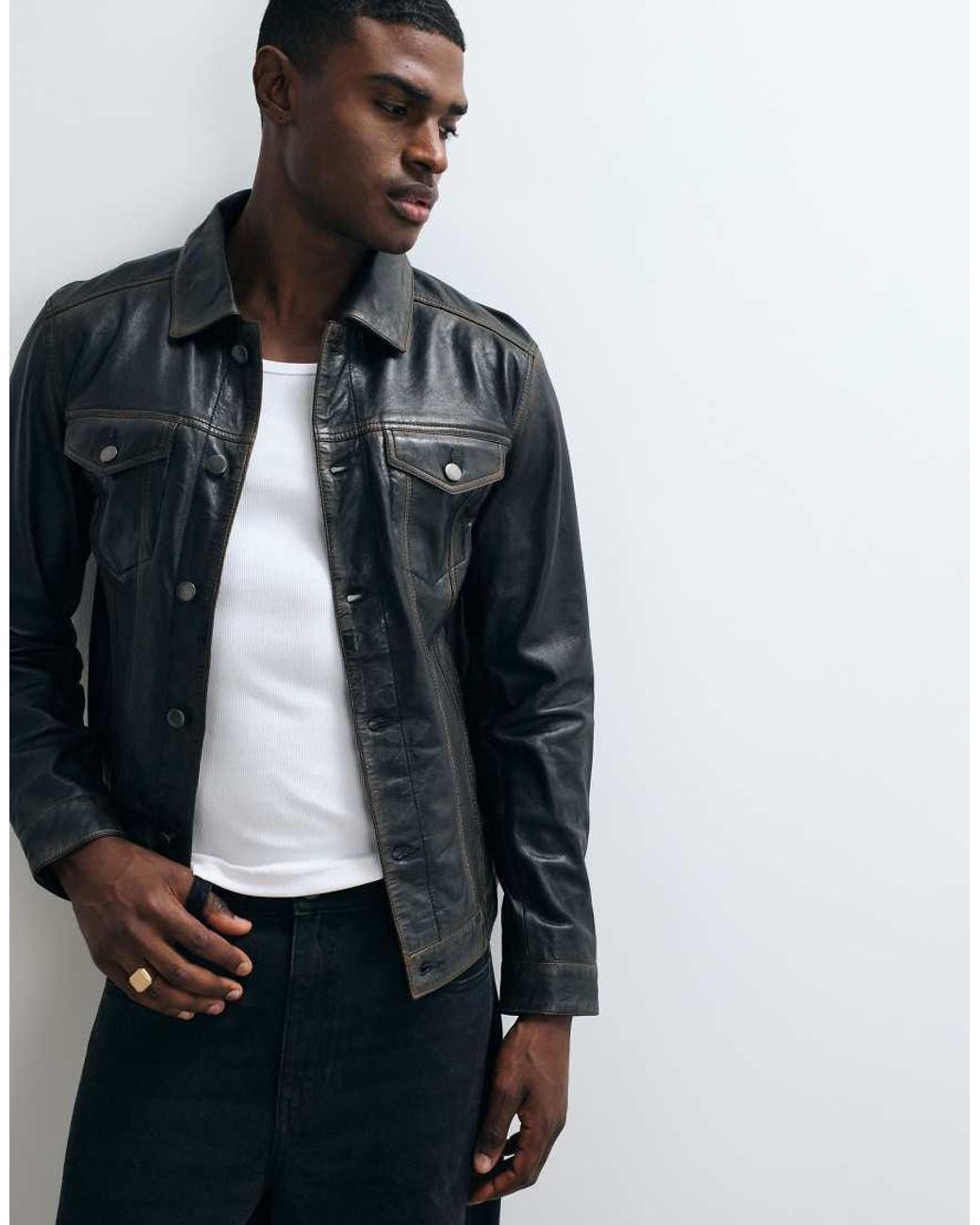 Barney's Originals Black Washed Real Leather Trucker Jacket for men