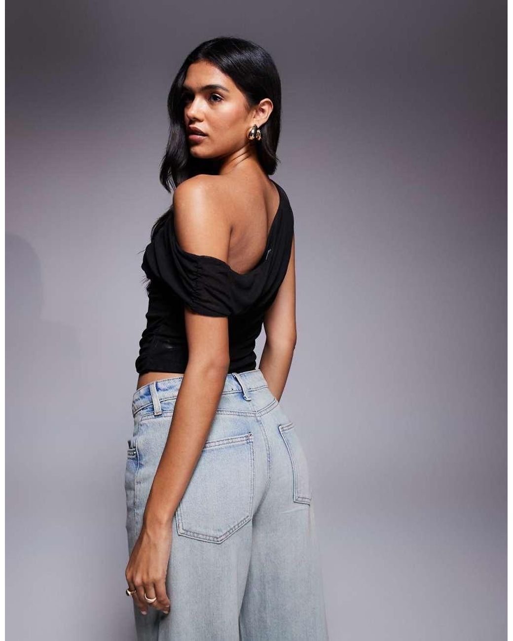 ASOS Black Mesh Ruched Asymmetric Top