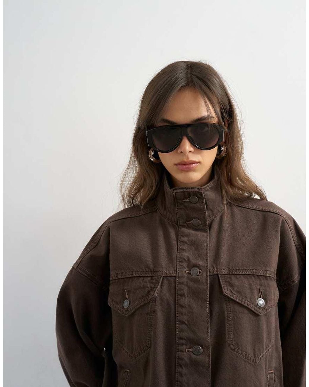 TOPSHOP Brown Denim Funnel Neck Jacket With Waist Detail