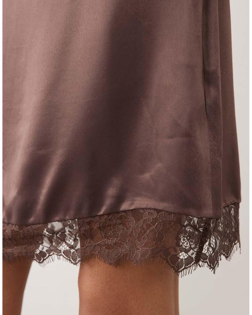 Miss Selfridge Brown Satin Lace Trim Mini Skirt