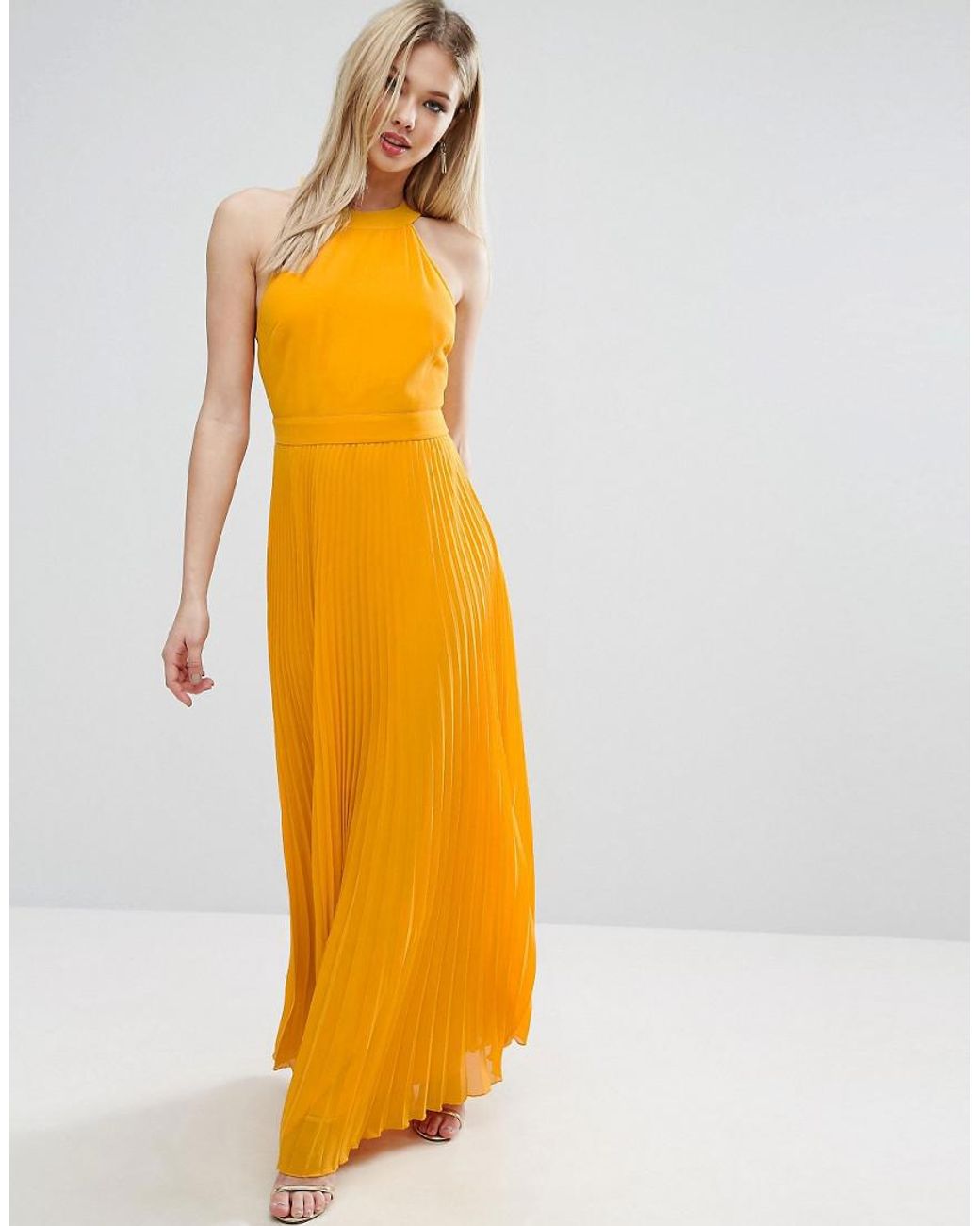 ASOS Halter Neck Pleated Maxi Dress With Open Back in Yellow