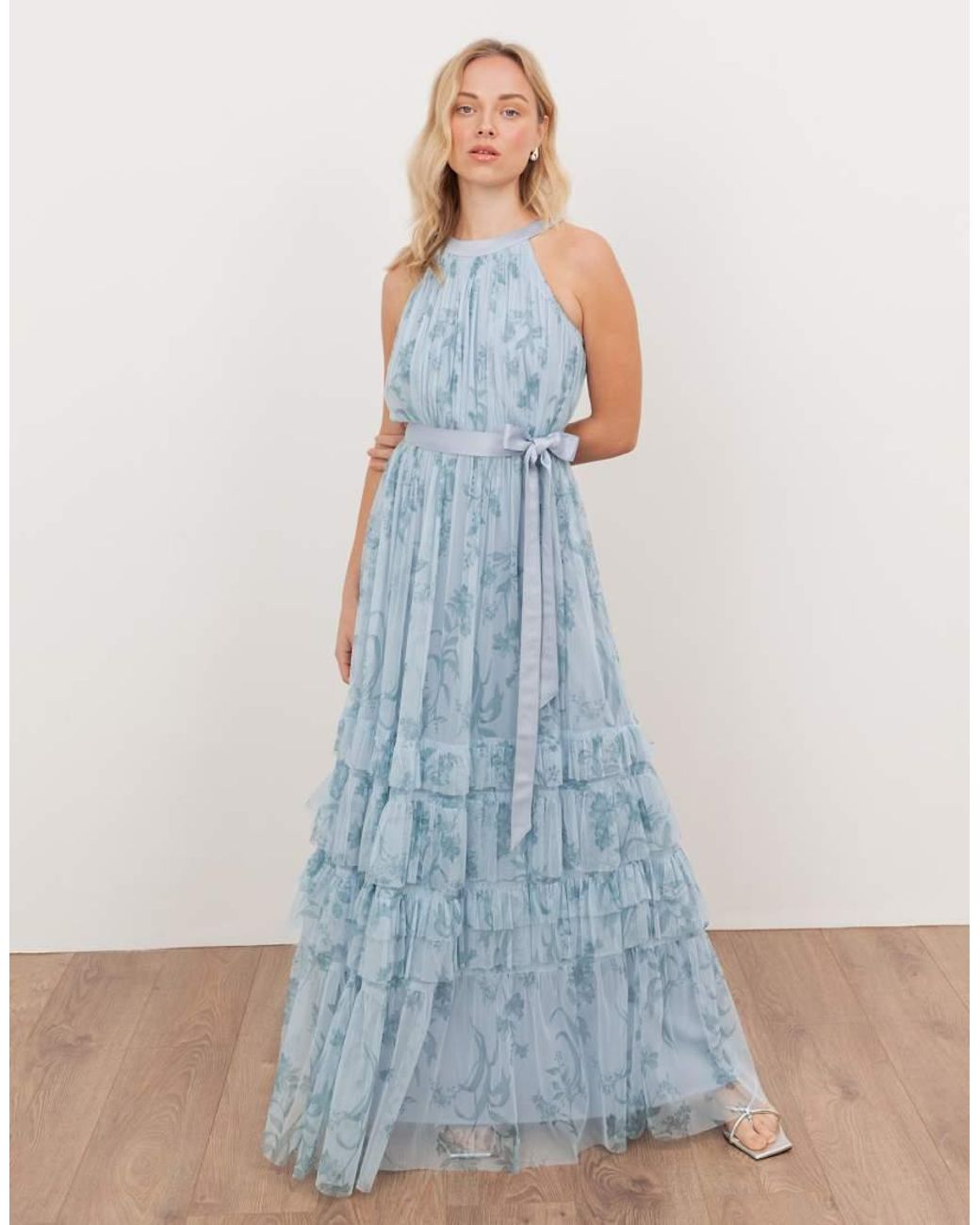 ANAYA Blue Floral Halter Neck Ruffle Tulle Maxi Dress