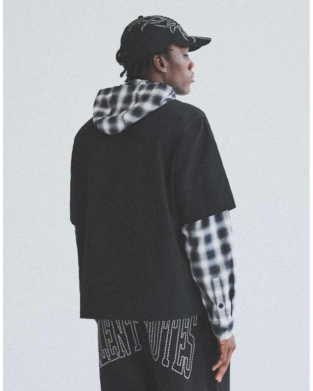 Bershka Gray Checked Double-sleeve Shirt With Hood for men