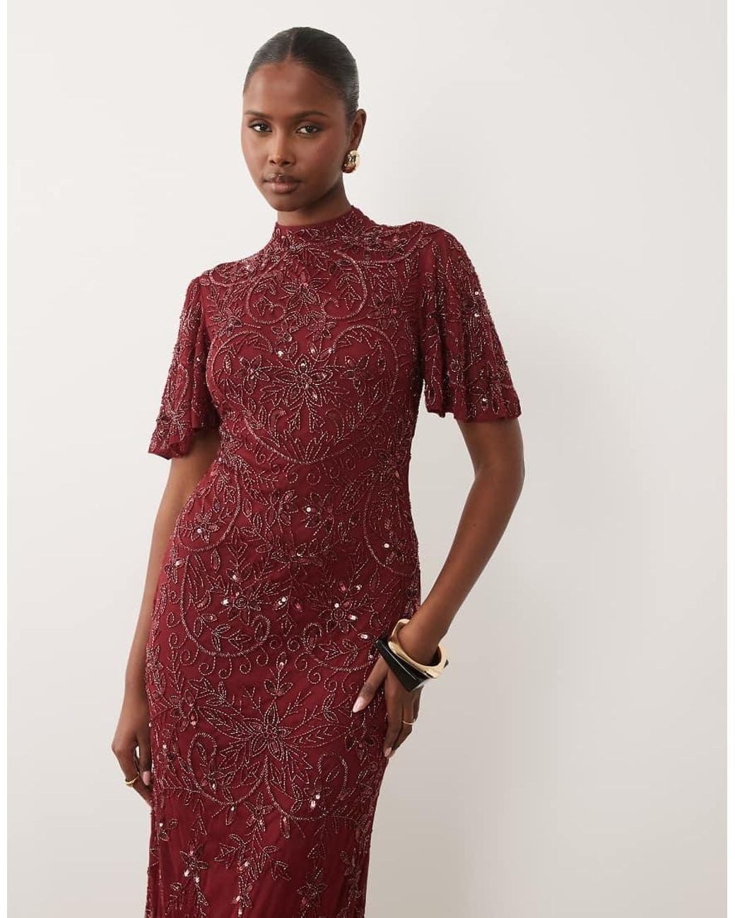 Beauut Red Embellished High Neck Flutter Sleeve Maxi Dress