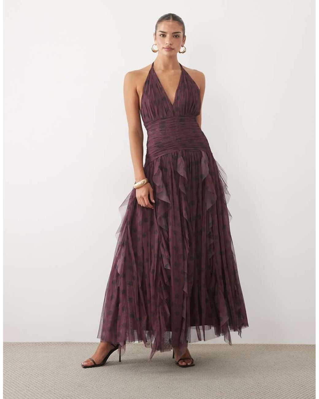 LACE & BEADS Purple Dobby Halter Neck Ruffle Skirt Maxi Dress