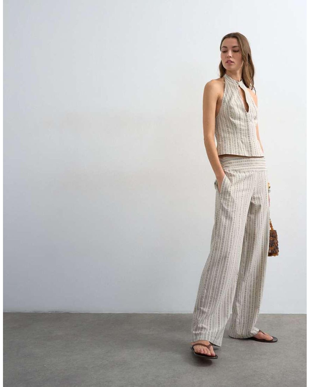 TOPSHOP Gray Co Ord Linen Look Stripe Low Rise Trouser
