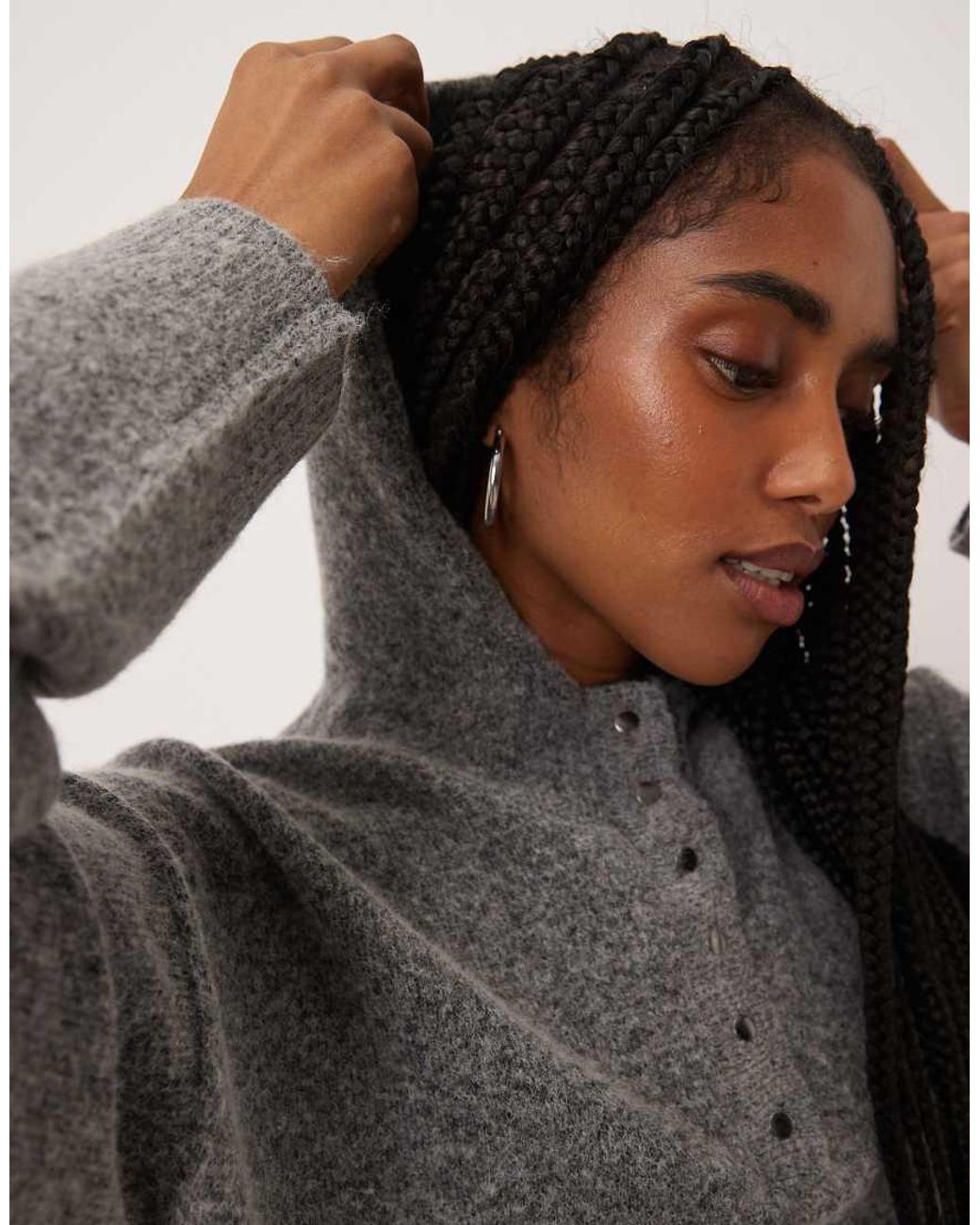 Vila Gray Button Front Knitted Hoodie Co-ord