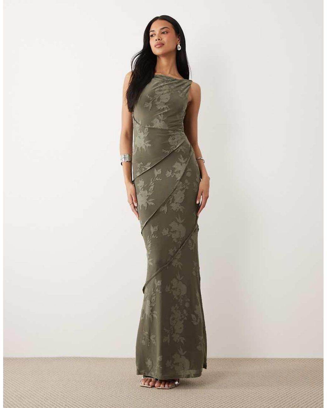 ASOS Green Raw Seam Cowl Back Devore Maxi Dress