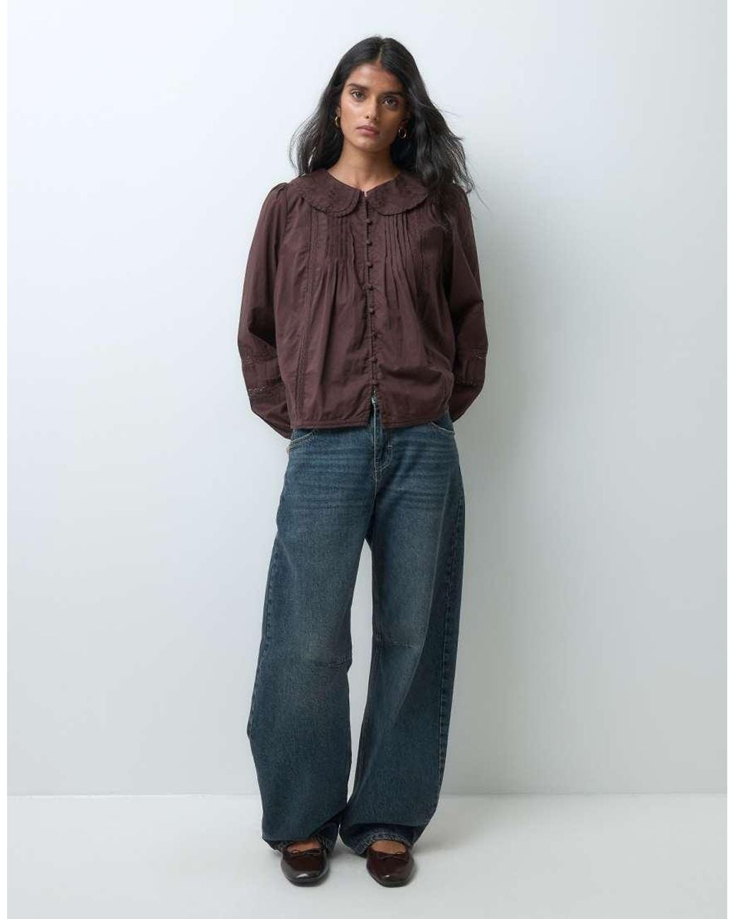 Abercrombie & Fitch Brown Button Front Cinched Blouse With Peter Pan Collar Detail