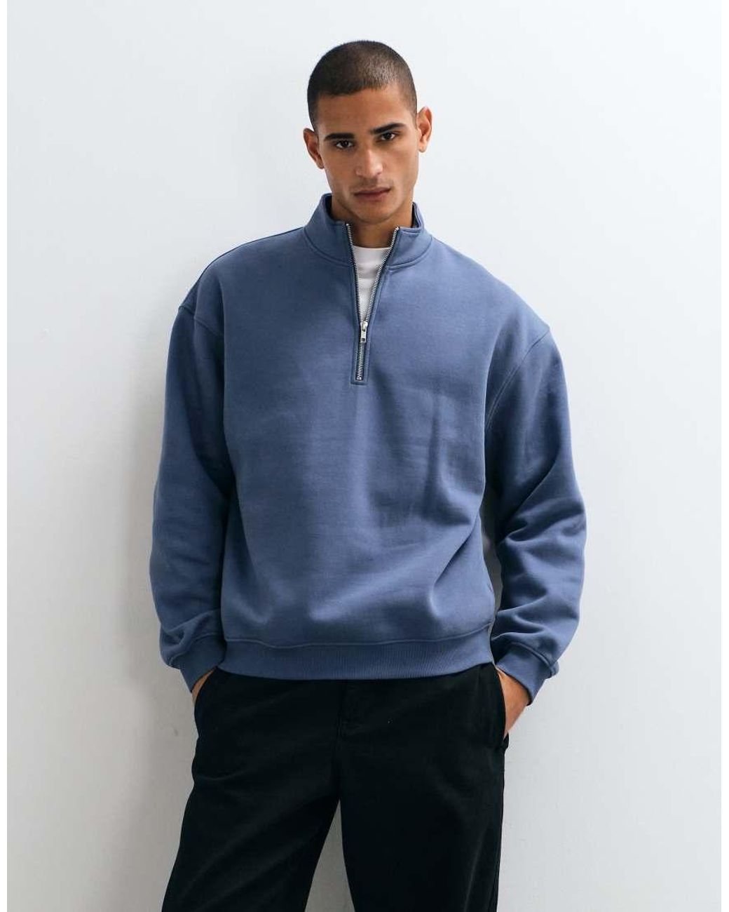 ASOS Blue Essentials Relaxed Fit Quarter Zip Sweatshirt for men