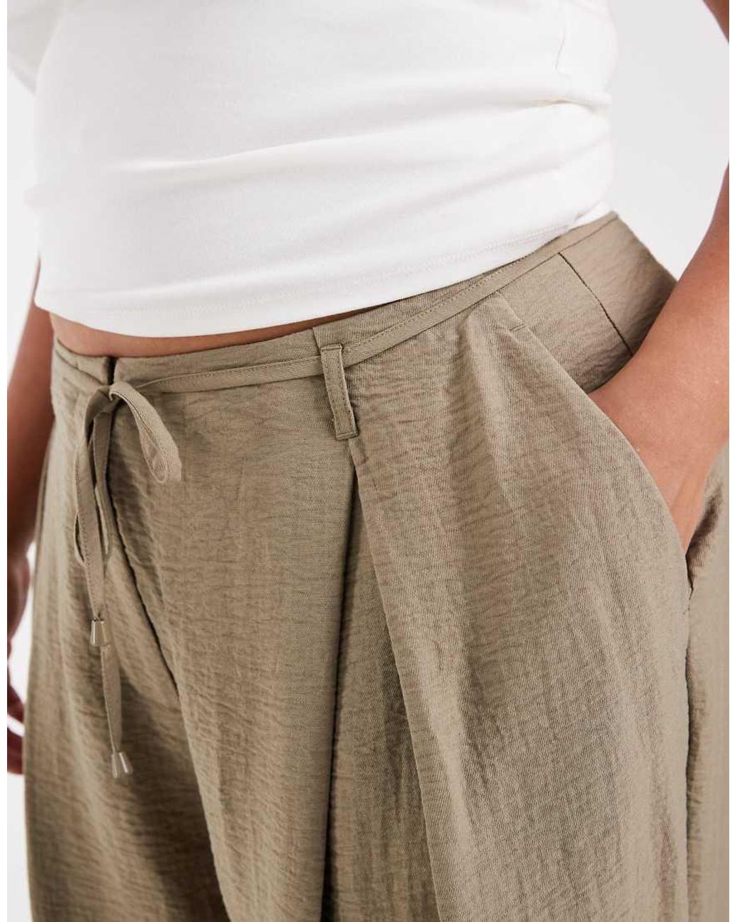 ASOS Natural Asos Design Curve Textured Wide Leg Trousers With Tie Waist
