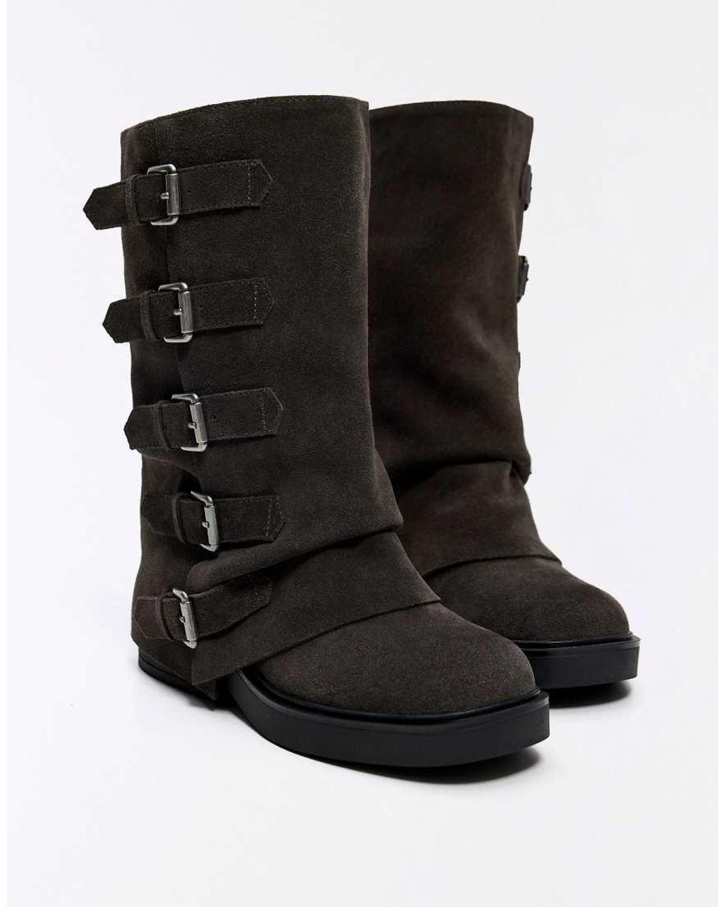Bershka Black Leather Trouser Ankle Boots With Buckles