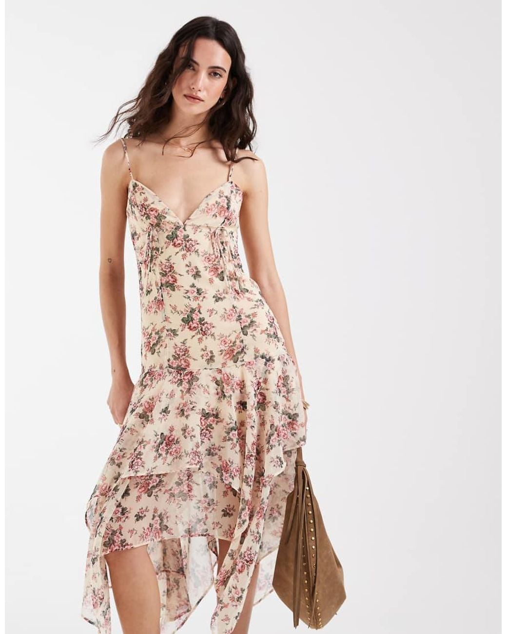 Muse Assembly Pink Crinkle Chiffon V-neck Asymmetric Hem Midaxi Dress