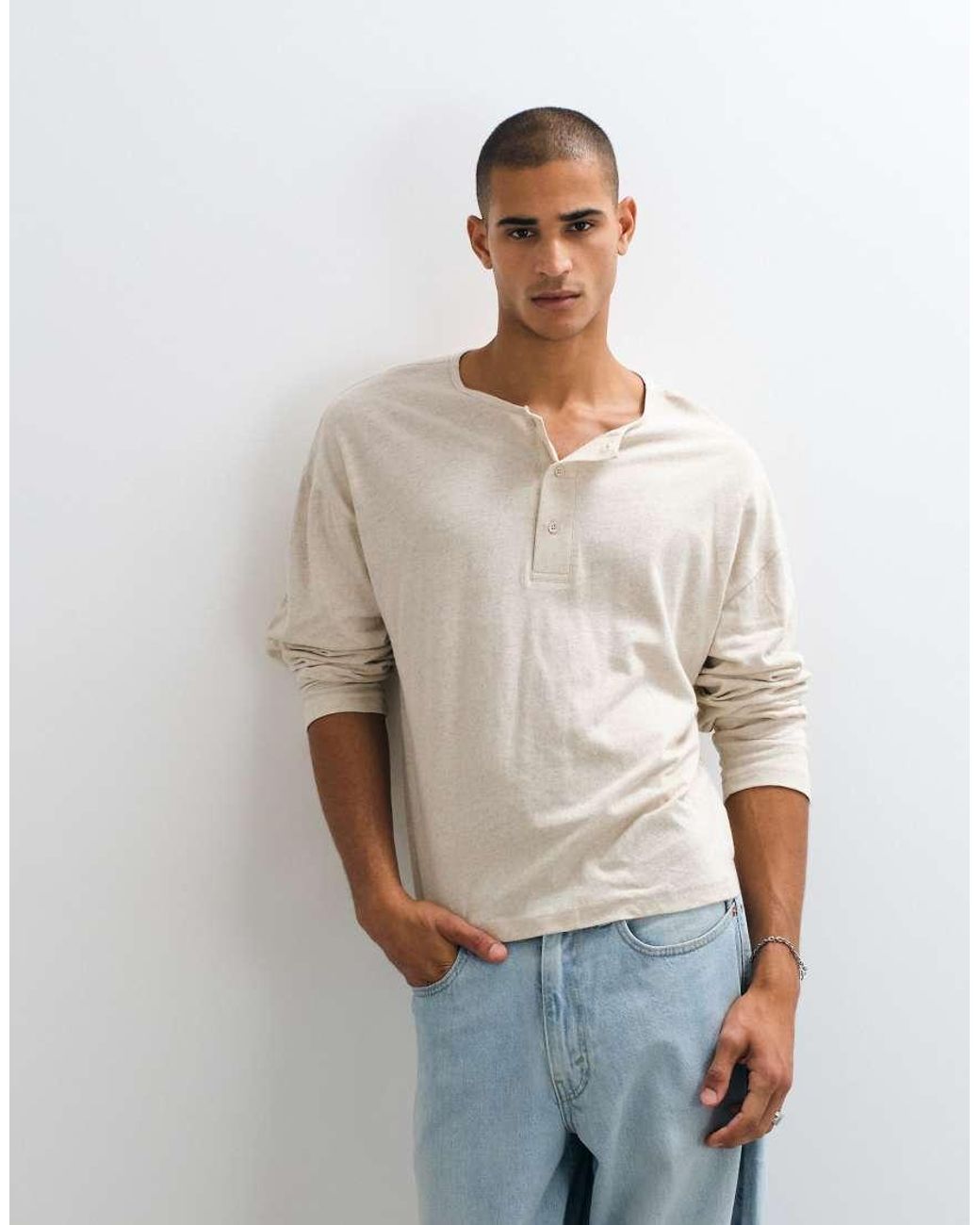ASOS White Boxy Oversized T-shirt With Linen And Henley for men