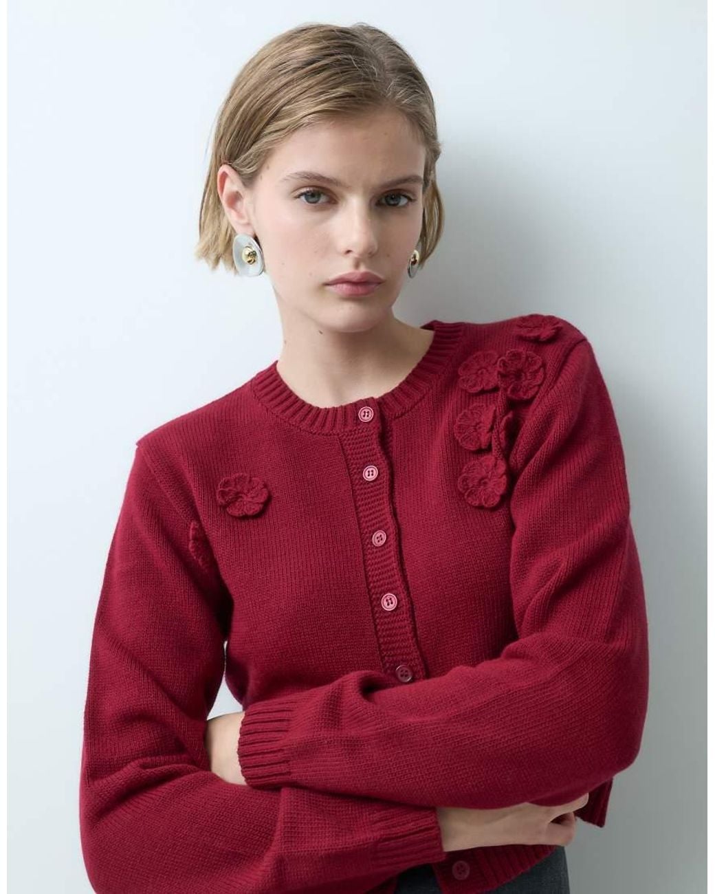 Miss Selfridge Red Button Front Cardi With Flowers