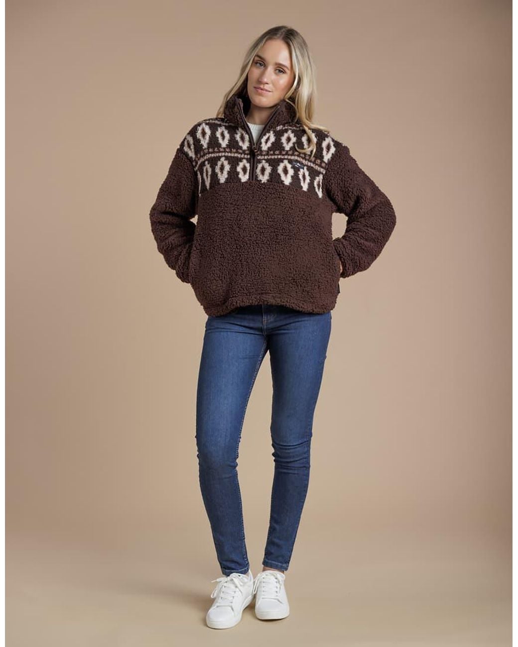 French Connection Brown Fairisle Borg High Neck 1/2 Zip Fleece Pullover