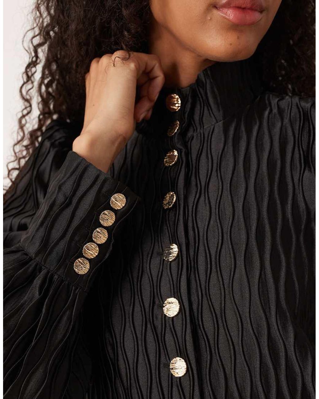 Y.A.S Black High Neck Satin Mini Dress With Button Front
