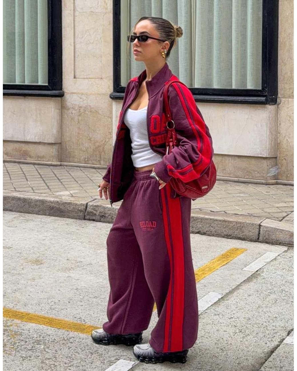 Bershka Red Plush Zip-Up Sweatshirt With Patch