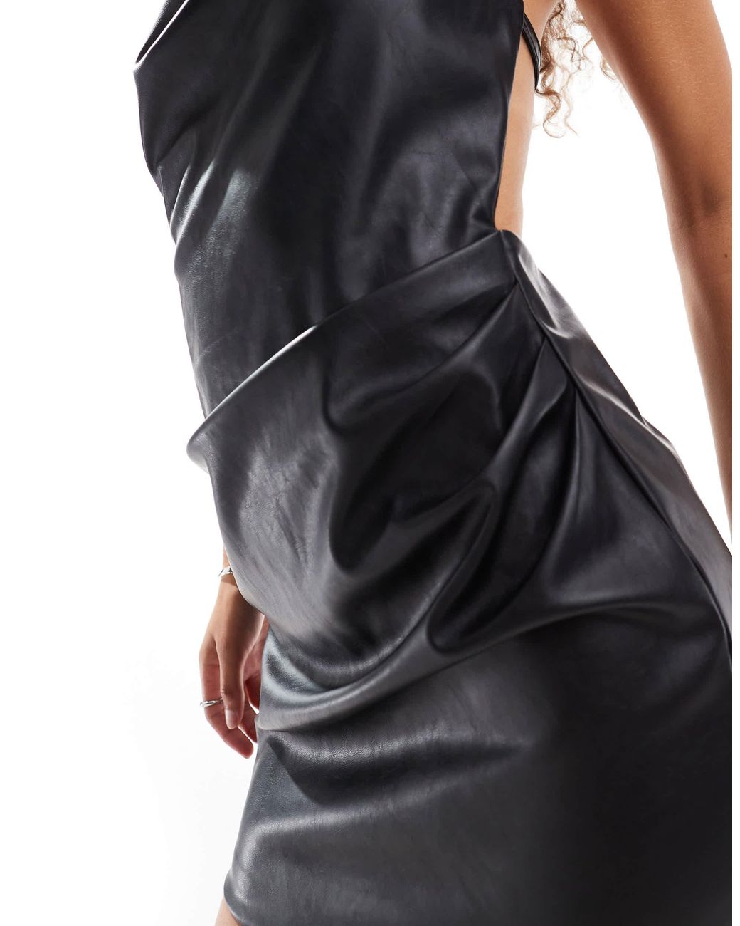 knee length dresses for ladies Elettra Recycled PU Cowl Neck Sleeveless Midi Dress Blackout