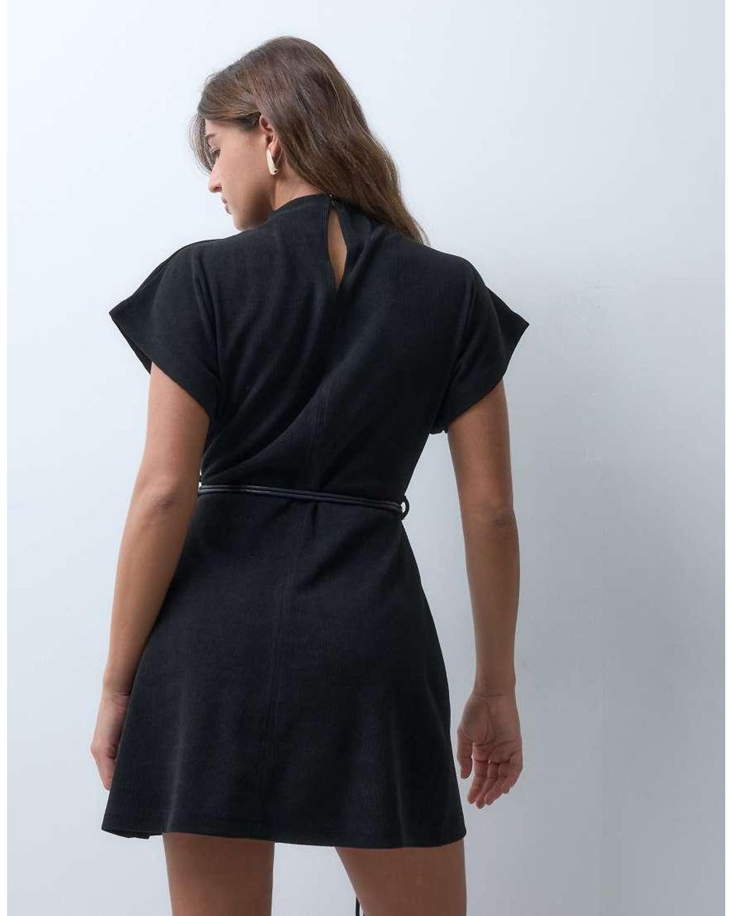 ASOS Black Soft Cord High Neck Belted Mini Dress