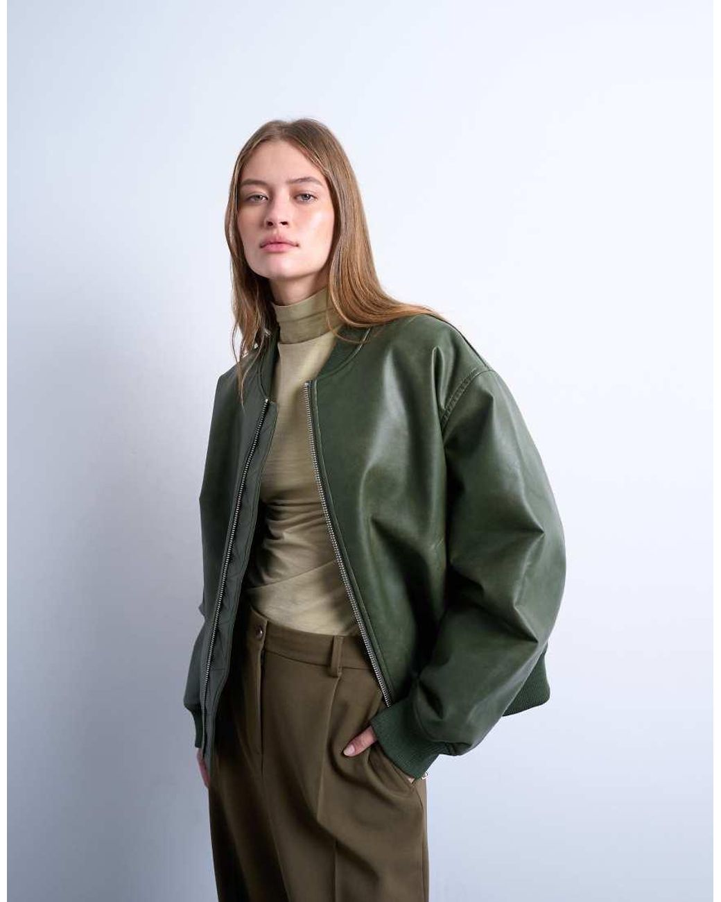 TOPSHOP Green Faux Leather Vintage Wash Oversized Collarless Bomber Jacket