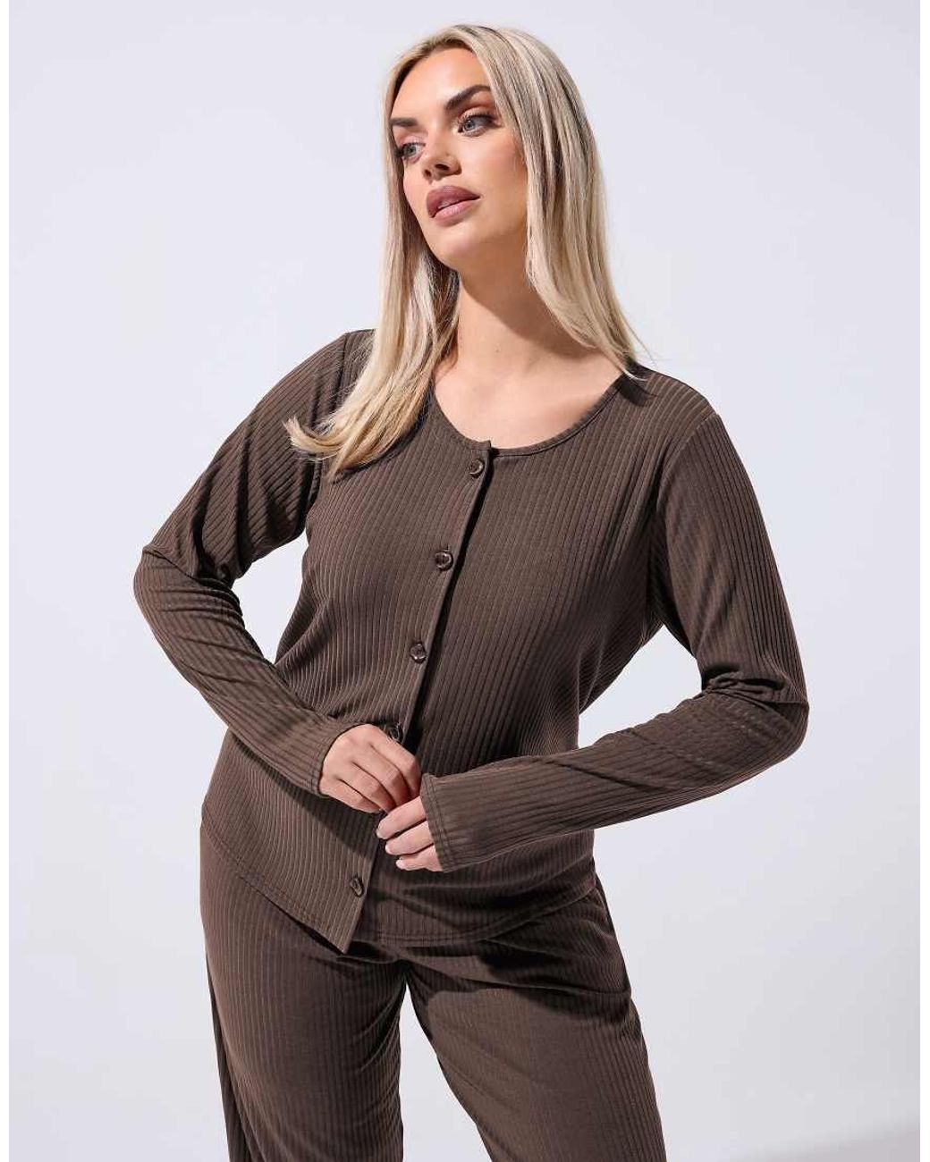 Yours Clothing Brown Ribbed Button Through Top