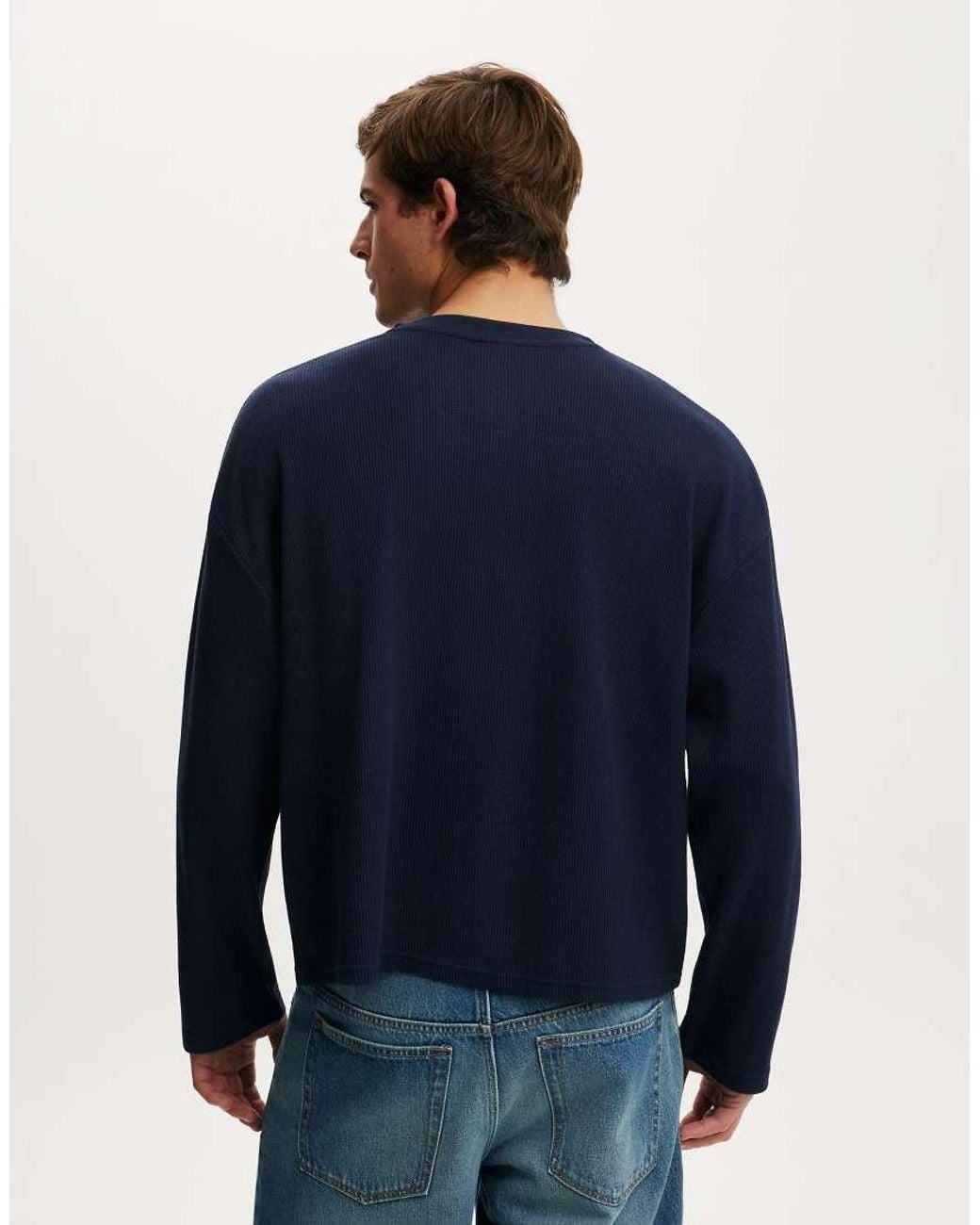 Cotton On Blue Relaxed Fit Textured Henley Long Sleeve for men
