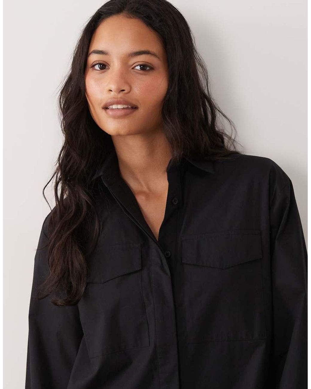 ASOS Black Poplin Mini Shirt Dress With Wide Cuffs And Oversized Pockets