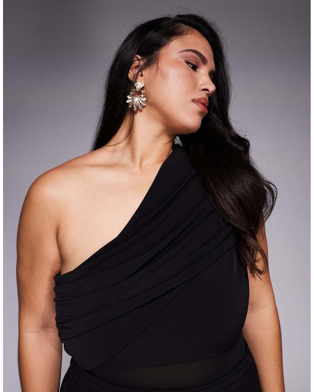 Forever New Black Forever New Plus One Shoulder Mesh Waist Panel Sheer Skirt Maxi Dress