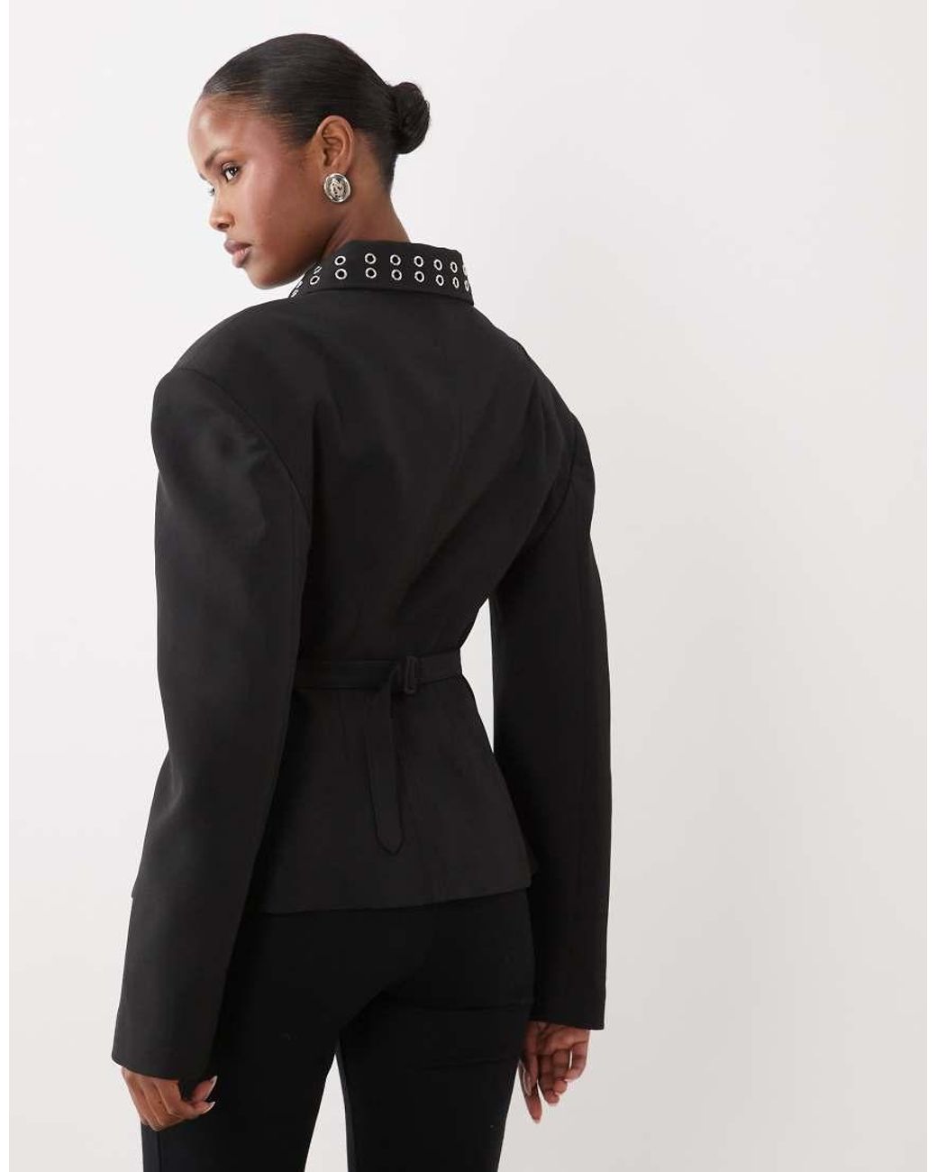 Kaiia Black Exclusive Fitted Cinch Waist Eyelet Collar Detail Shoulder Pad Jacket