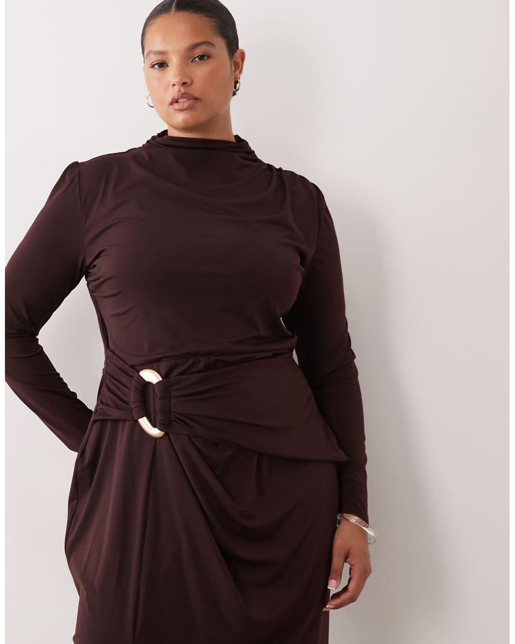 Tfnc Plus Brown Slinky High Neck Long Sleeve High Split Trim Detail Maxi Dress