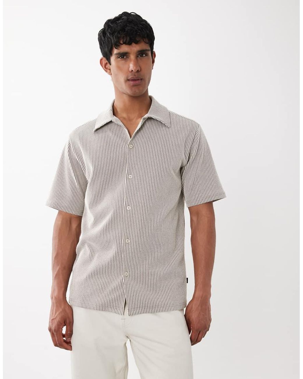 Jack & Jones Gray Premium Short Sleeve Striped Textured Shirt for men
