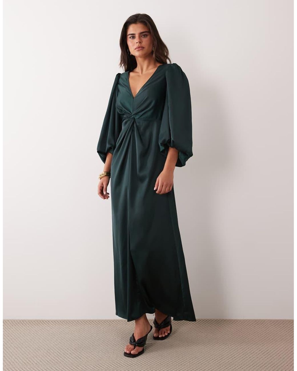 Y.A.S Black Knot Front Volume Sleeve Satin Midi Dress