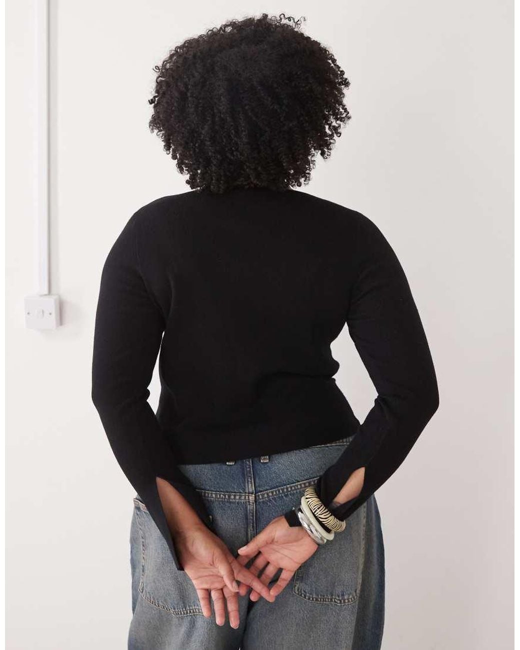 Collusion Black Plus Knitted Slash Neck Long Sleeve Top