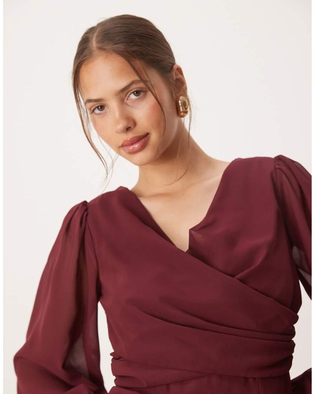 ANAYA Red Faux Wrap Blouson Sleeve Maxi Dress