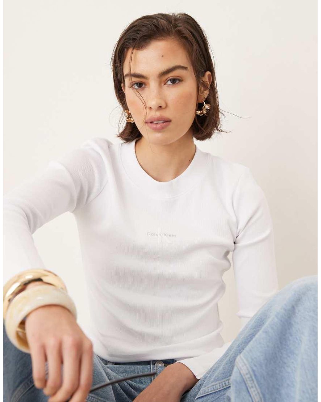 Calvin Klein White Monogram Logo Long Sleeve Top