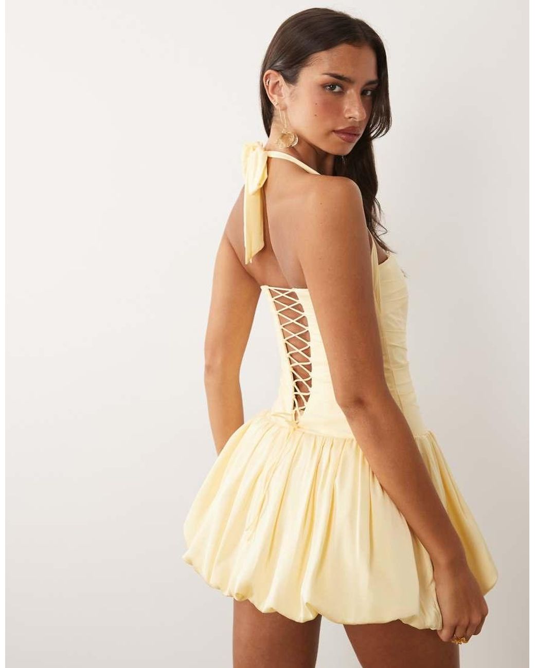 Oh Polly Natural Satin Halter Neck Bubble Hem Mini Dress