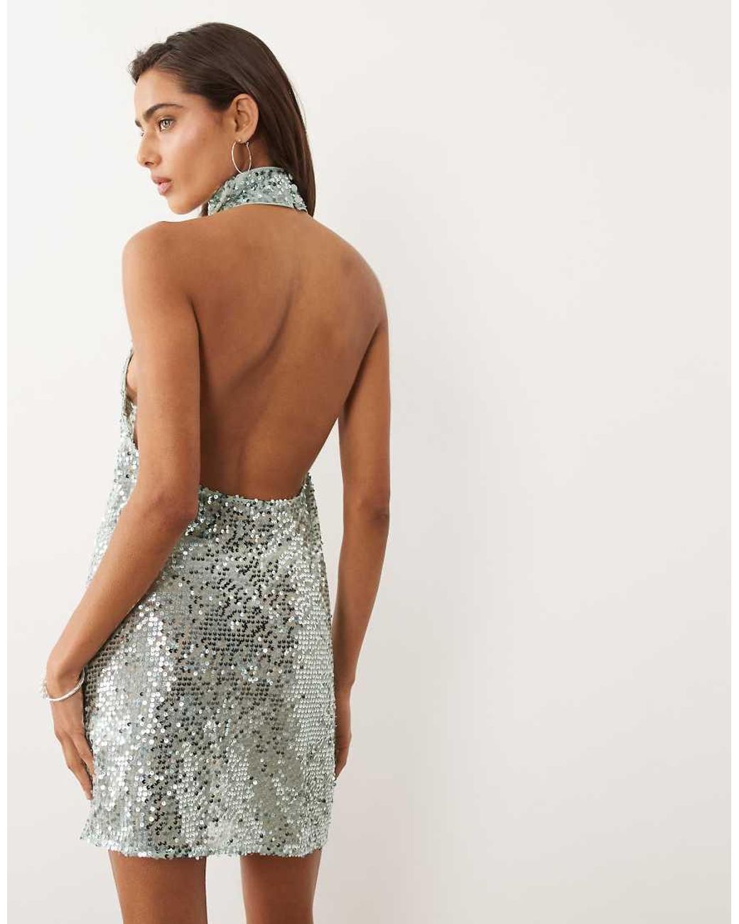 ASOS Natural Embellished Sheer Scatter Sequin Halter Mini Dress
