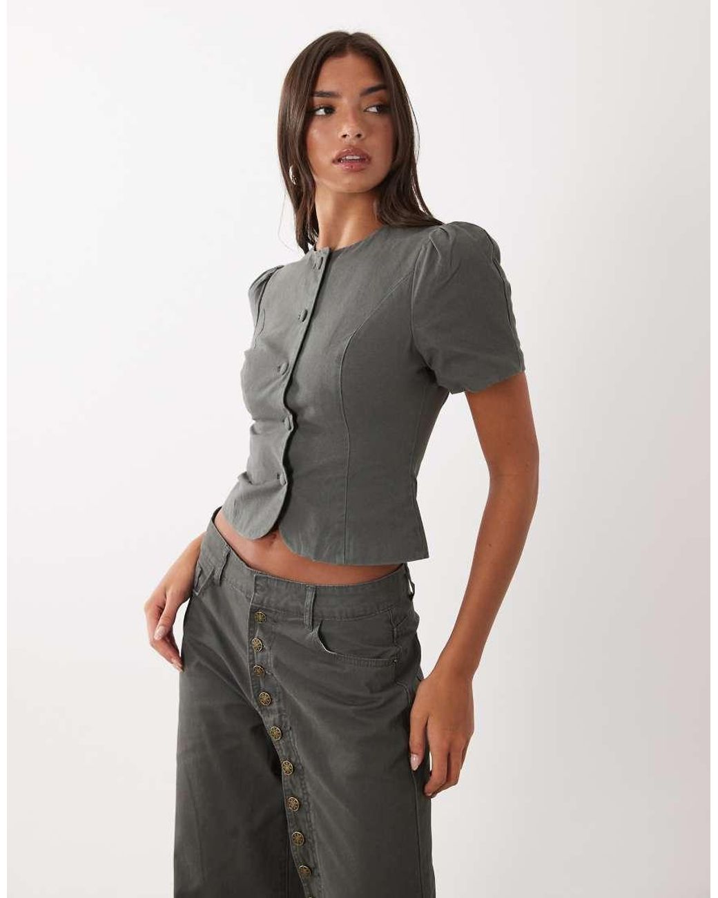 Lioness Gray Femme Cotton Puff Sleeve Button Up Blouse