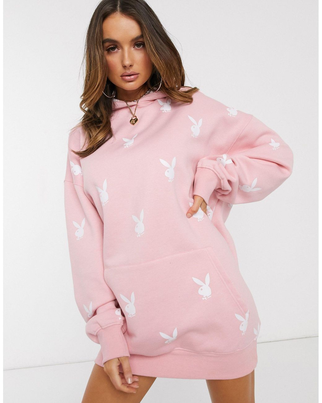 Missguided Playboy X Extreme Oversized Repeat Print Hoodie Dress in Pink |  Lyst