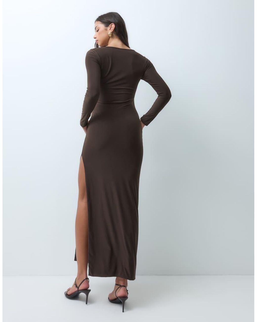 Kaiia White Exclusive Double Sculpted Slinky Square Neck Side Split Maxi Dress