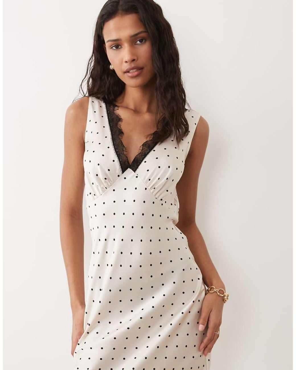 New Look Natural Polka Dot Satin Lace Midi Dress