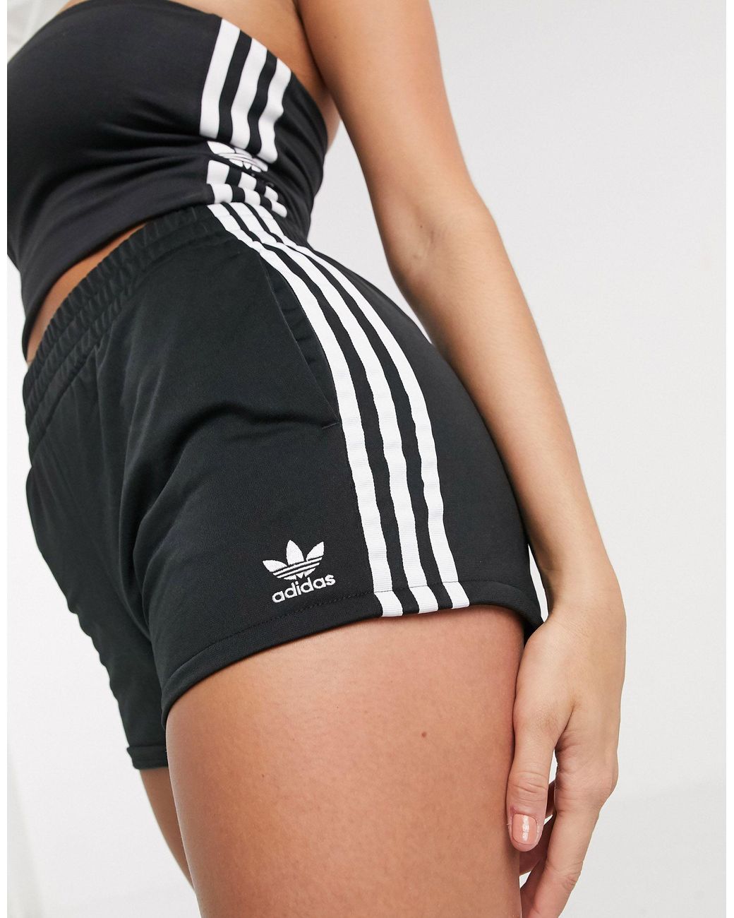 adidas training 3 stripe recycled cotton high waisted shorts in black