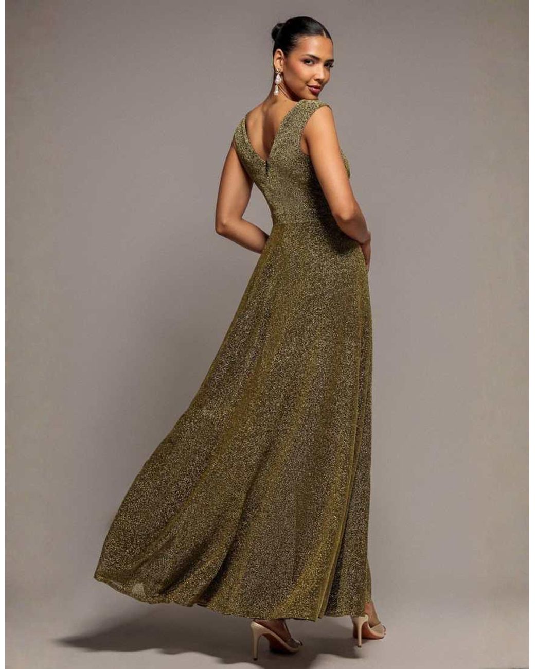 Goddiva Brown Crossover Lurex Glitter Maxi Dress