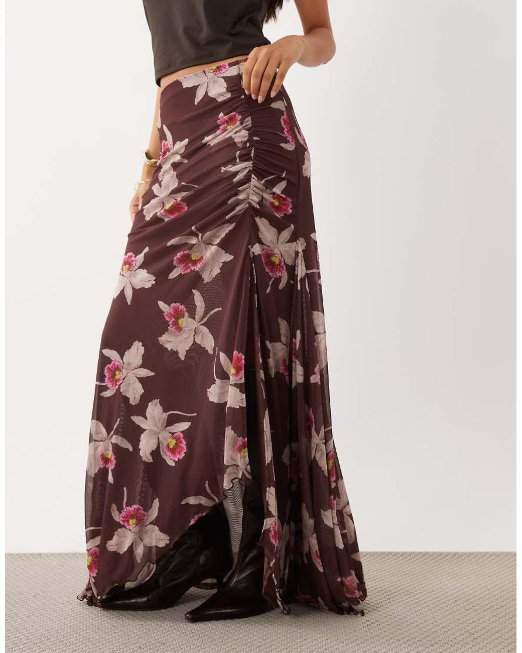 ASOS Brown Co-Ord Printed Mesh Split Hank Hem Maxi Skirt
