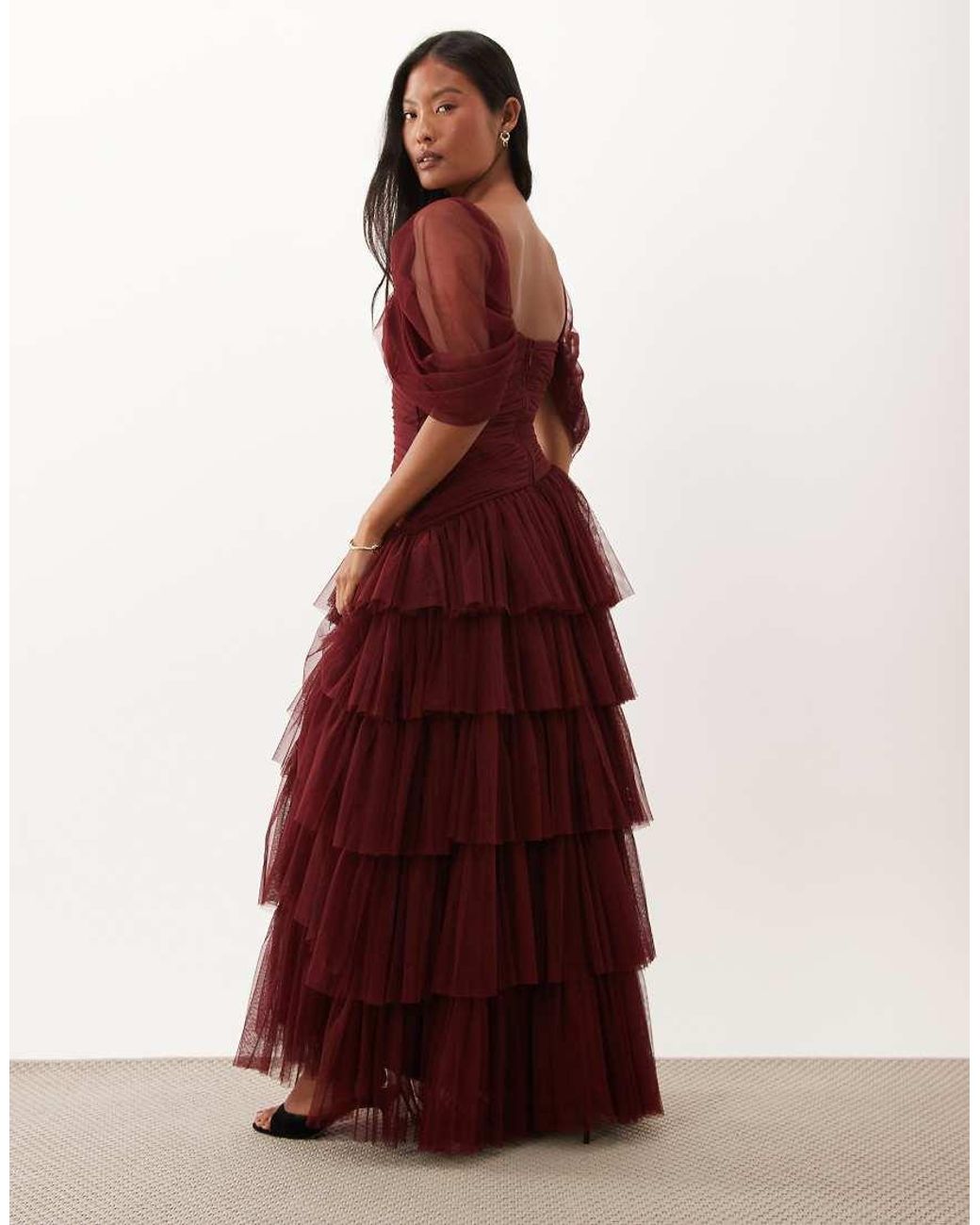 LACE & BEADS Red Tulle Fallen Shoulder Asymmetric Ruffle Detail Maxi Dress